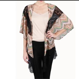 5/$10 RYU Ethnic Pattern Lace & Fringe Chiffon Kimono